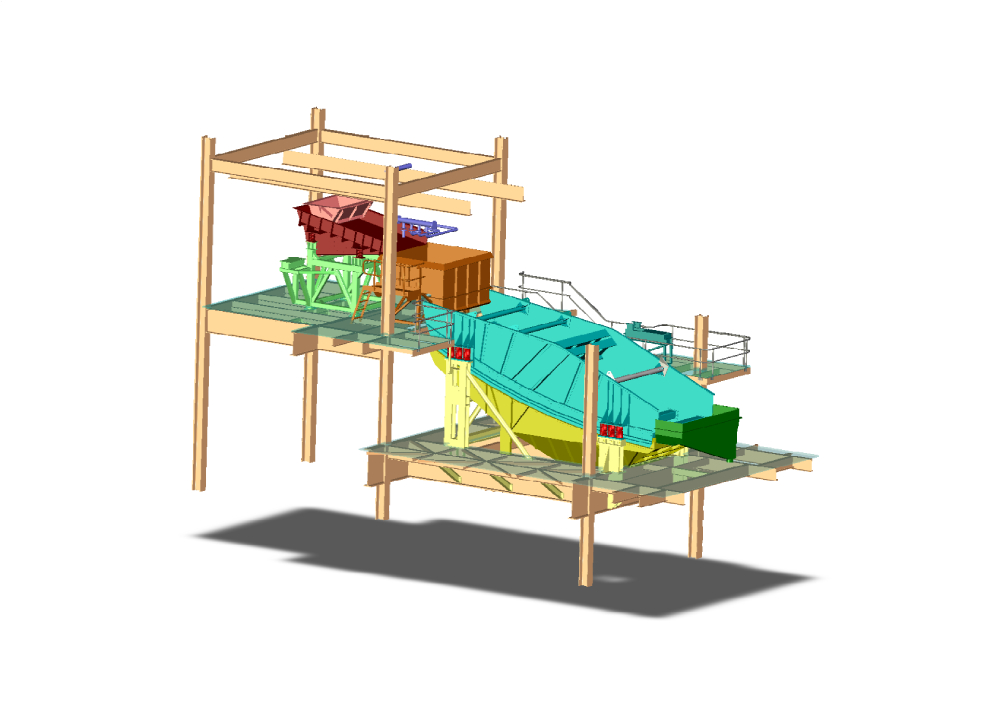 A 3D model of an upgraded conveyor system with vibrating screens for heavy media.